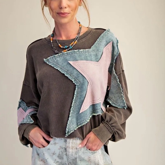 Easel Los Angeles Tops - E10 Easel Mineral Washed Smoke Pink Star LS Plus Size and Regular